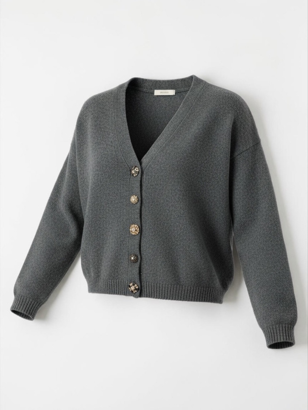CeCe Dark Gray Cardigan with Decorative Rhinestone Buttons